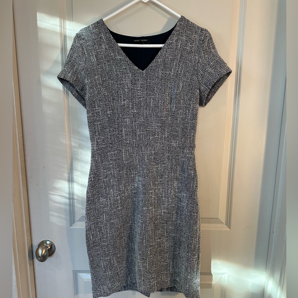 Banana Republic Tweed Sheath Navy& White Textured Office Professional Dress, 4